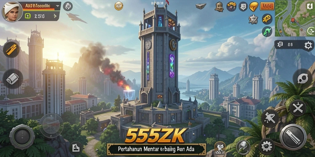 Gameplay menarik dari 555ZK dengan menara dan musuh yang dinamis.