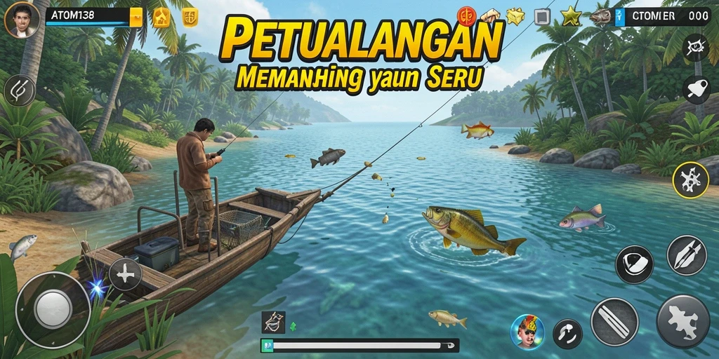 Gameplay memancing yang mendebarkan di ATOM138 dengan berbagai lokasi dan ikan.
