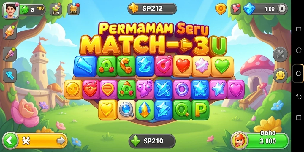 Screenshot gameplay SP212 menampilkan keseruan mencocokkan objek di level Match-3.